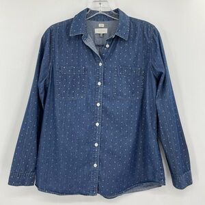 LOFT The Softened Shirt Heart Print Chambray Button Down Blouse Top Size Medium
